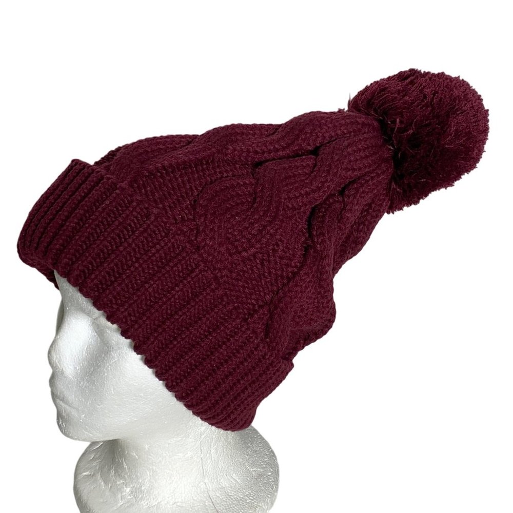 4/$25 Cable Knit Hat Slouchy Beanie Chunk Twist‎ Cuff & Pom Burgundy One Size